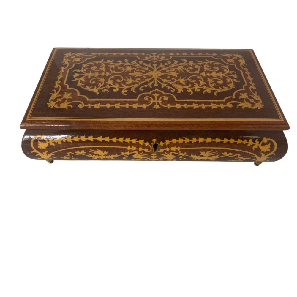 Vintage‎ Wooden Inlaid Music Jewelry Box Ornate Floral Design Red Velvet MCM